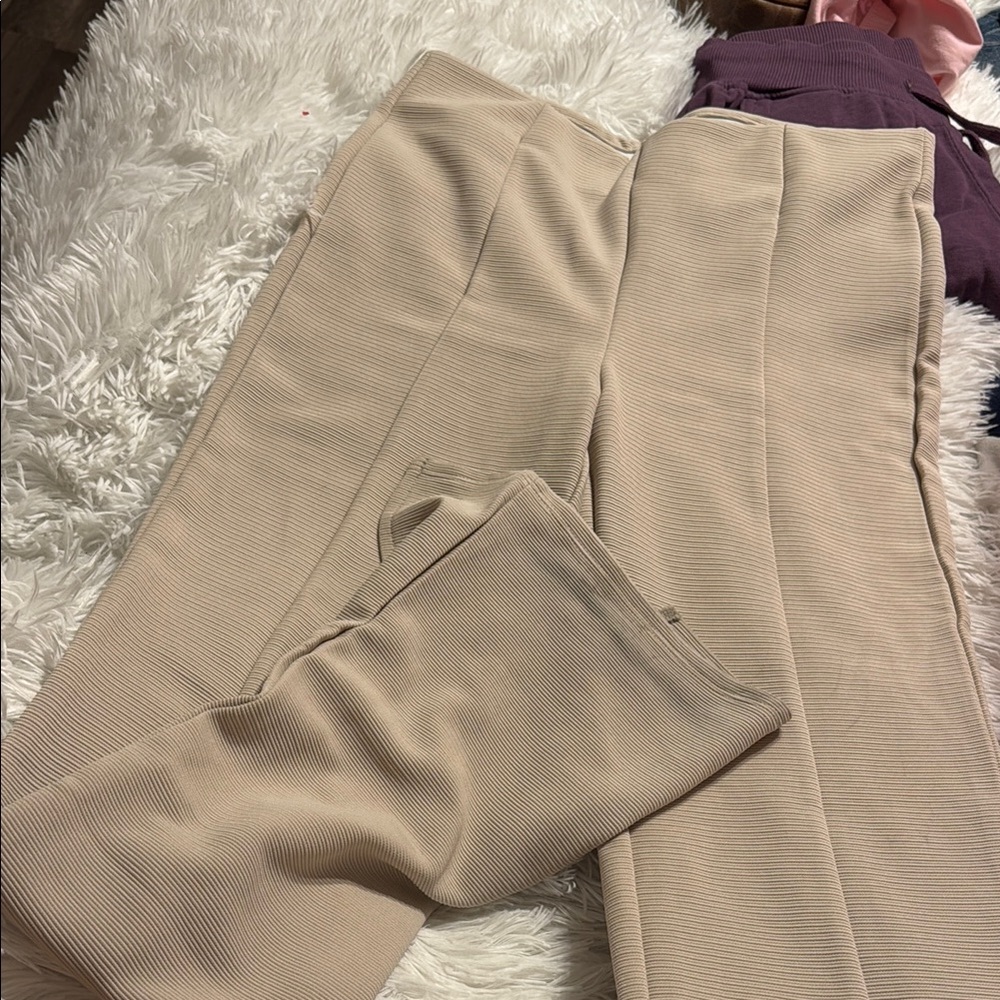 Beige Ribbed Flare Pants